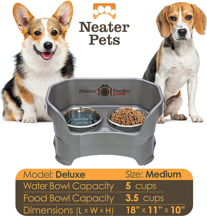 Neater Feeder Deluxe Mess Proof Dog Bowls Elevated for Medium Dogs 19-40 Lbs, Made in USA, No Spill Raised Dog Food Bowl Stand Feeding Station, Food and Water Bowl Set, Grey
