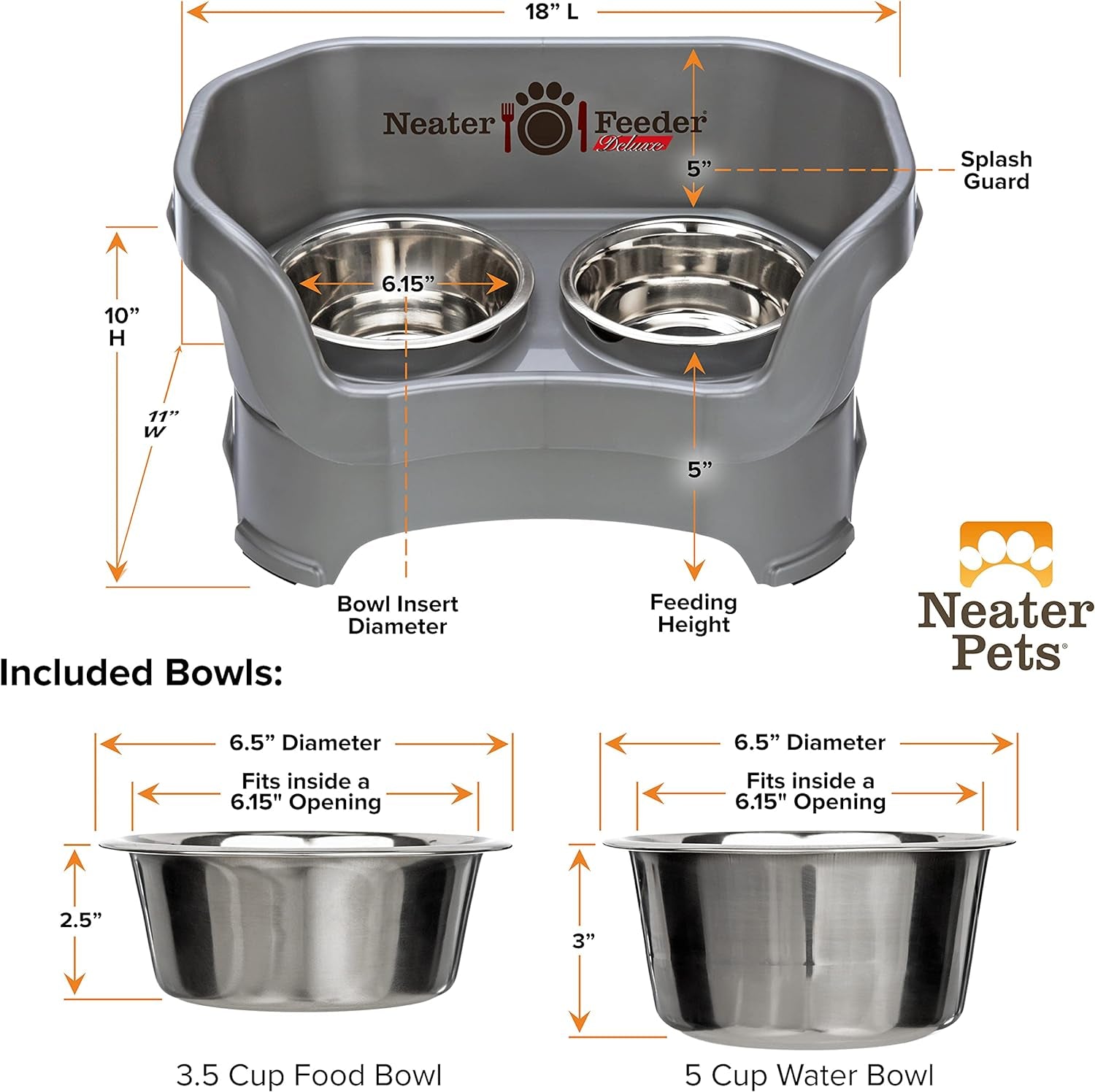Neater Feeder Deluxe Mess Proof Dog Bowls Elevated for Medium Dogs 19-40 Lbs, Made in USA, No Spill Raised Dog Food Bowl Stand Feeding Station, Food and Water Bowl Set, Grey
