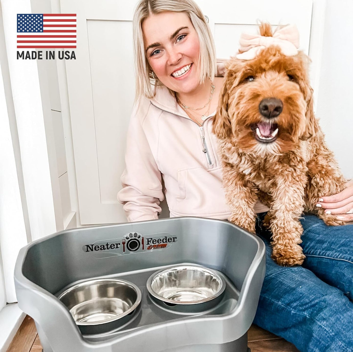 Neater Feeder Deluxe Mess Proof Dog Bowls Elevated for Medium Dogs 19-40 Lbs, Made in USA, No Spill Raised Dog Food Bowl Stand Feeding Station, Food and Water Bowl Set, Grey